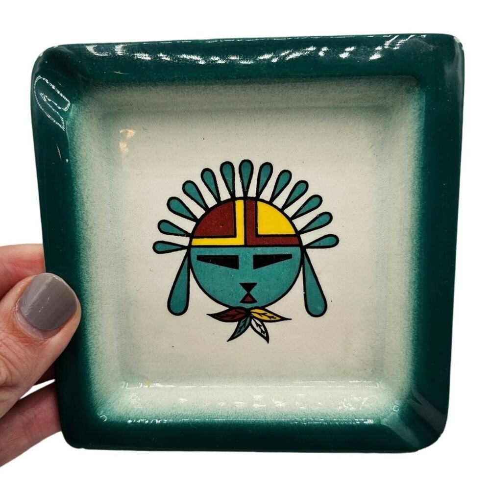 Vintage Mid Century SIMS Native American Trinket Dish Bold Green Colors 4.25"